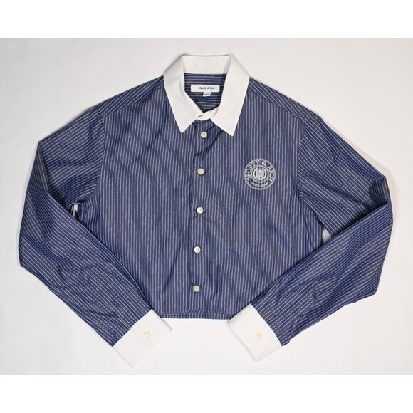 Sporty & Rich Connecticut Logo-Print Striped Shirt in Navy Blue Optical White - Picture 3 of 6